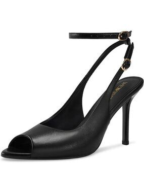 Women's Matte Black Faux Leather Open Pointed Peep Toe Ankle Strap High Heels